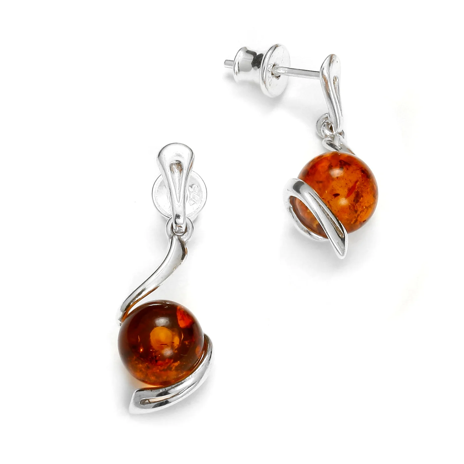 Silver Sphere Amber Earrings